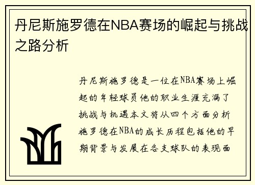 丹尼斯施罗德在NBA赛场的崛起与挑战之路分析