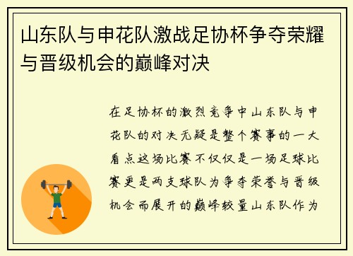 山东队与申花队激战足协杯争夺荣耀与晋级机会的巅峰对决